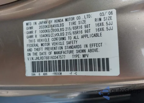 2006 Honda Cr-V Ex z USA, uszkodzony, nr VIN JHLRD78816C047577